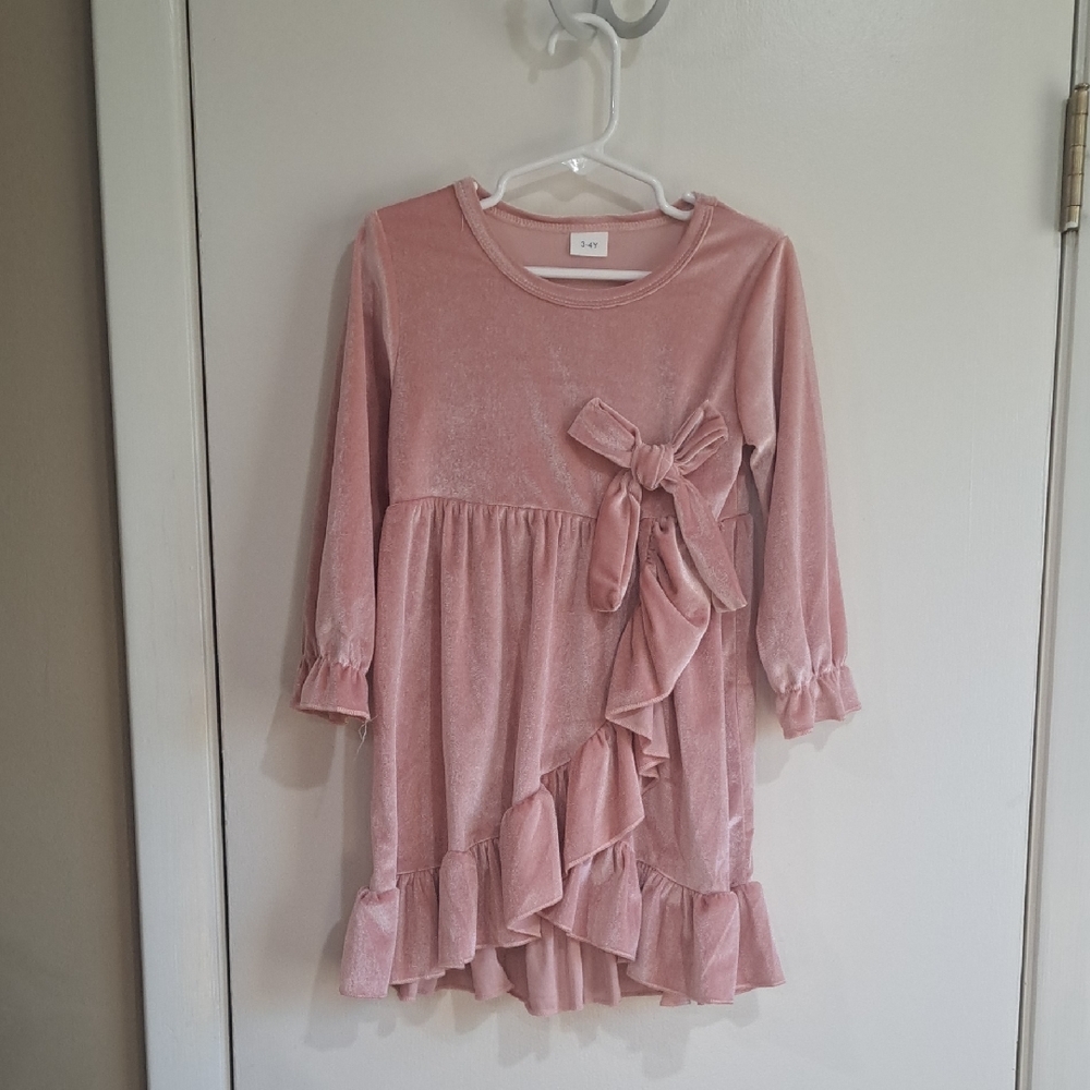 Pink Velvet Kids Dress with Ruffle Detail